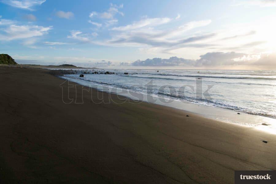 Black sand beach on the coast of Aotearoa
